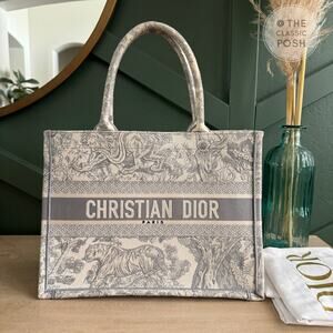 EUC Christian Dior Book Tote Toile De Jouy Ecru Gray Medium